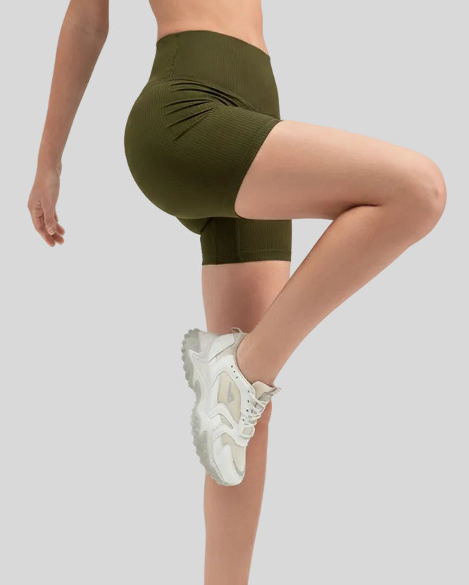 Ribbed wide-waist active shorts in army green, side view