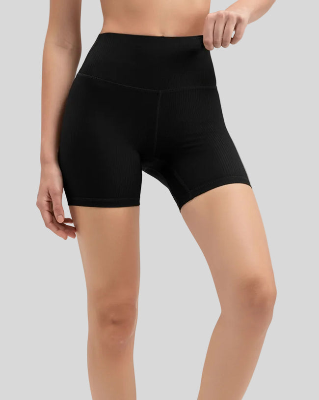 Ribbed wide-waist active shorts in black, front view