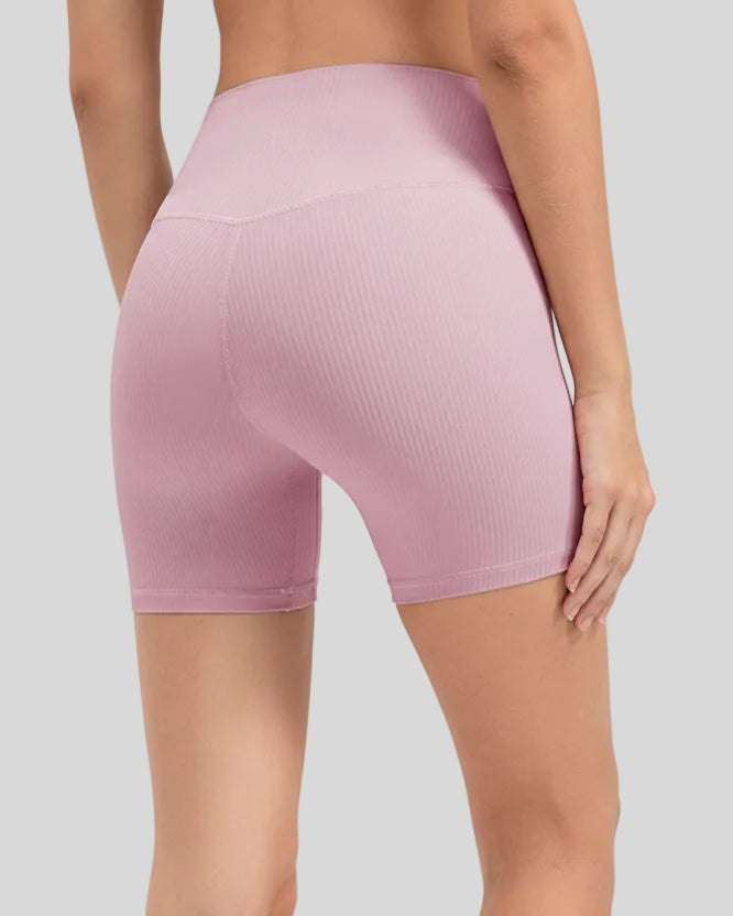 Ribbed wide-waist active shorts in lilac, back view