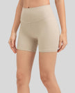 Ribbed wide-waist active shorts in tan, angled front view