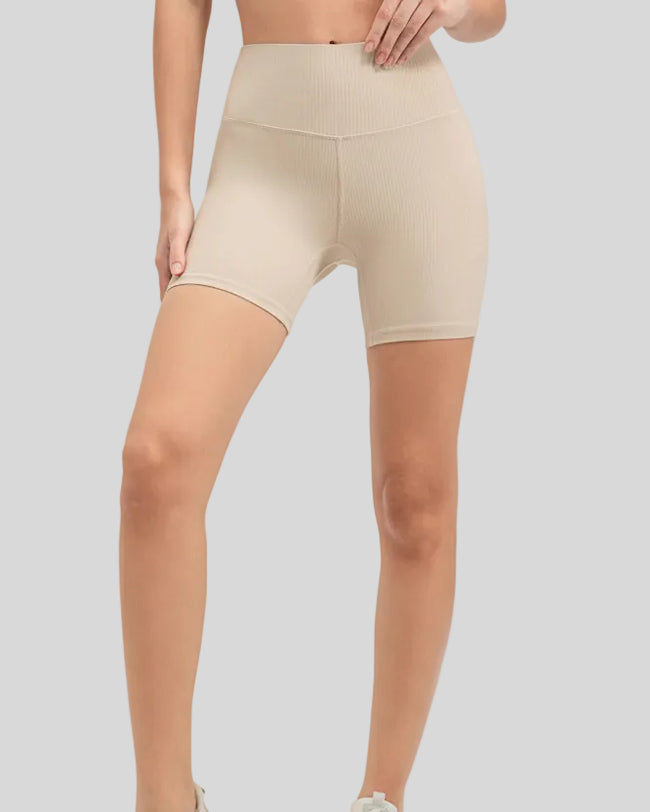 Ribbed wide-waist active shorts in tan, front view