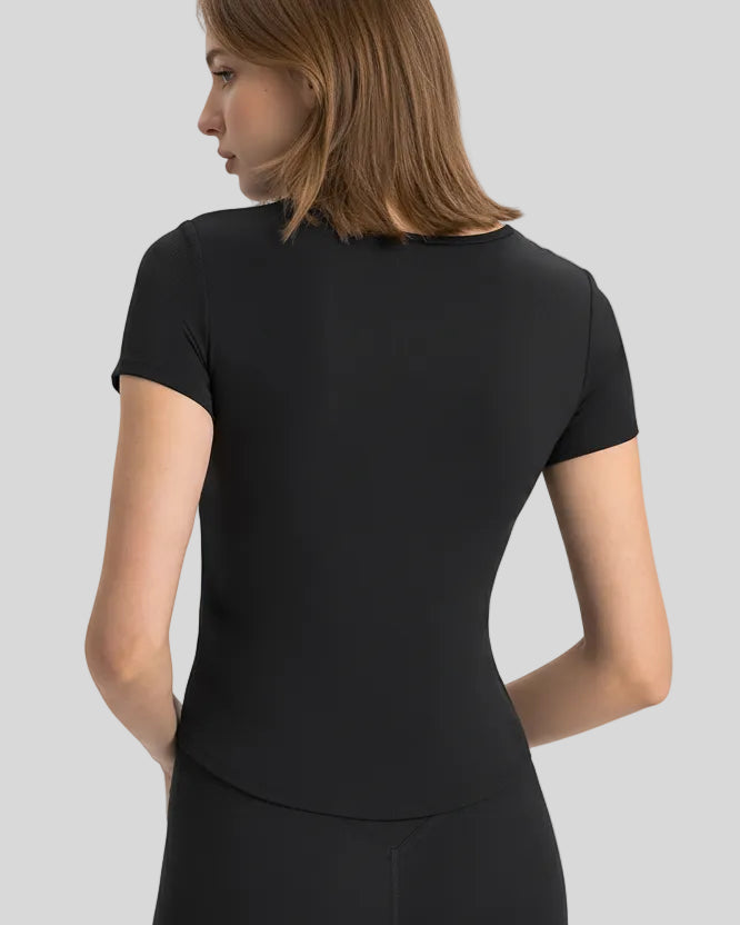 Ribnotch short sleeve active top in black, back view