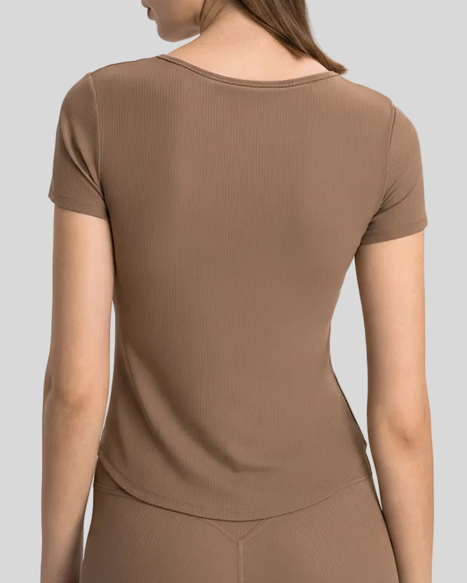Ribnotch short sleeve active top in brown, back view