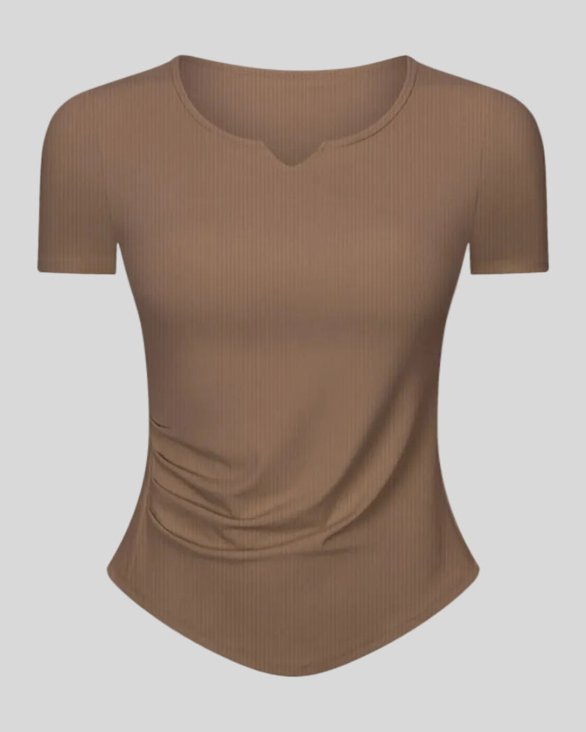 Ribnotch short sleeve active top in brown, angled front view
