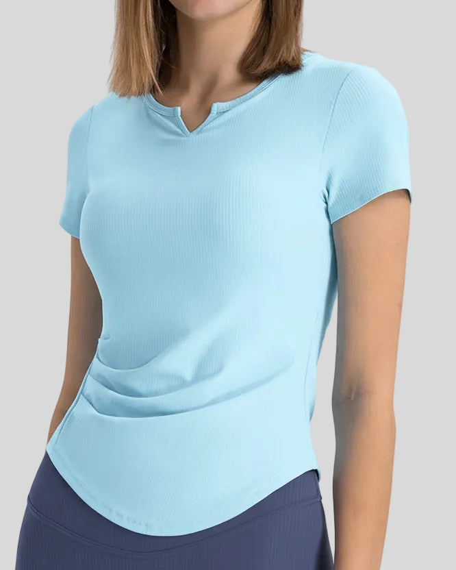 Ribnotch short sleeve active top in pastel blue, front view