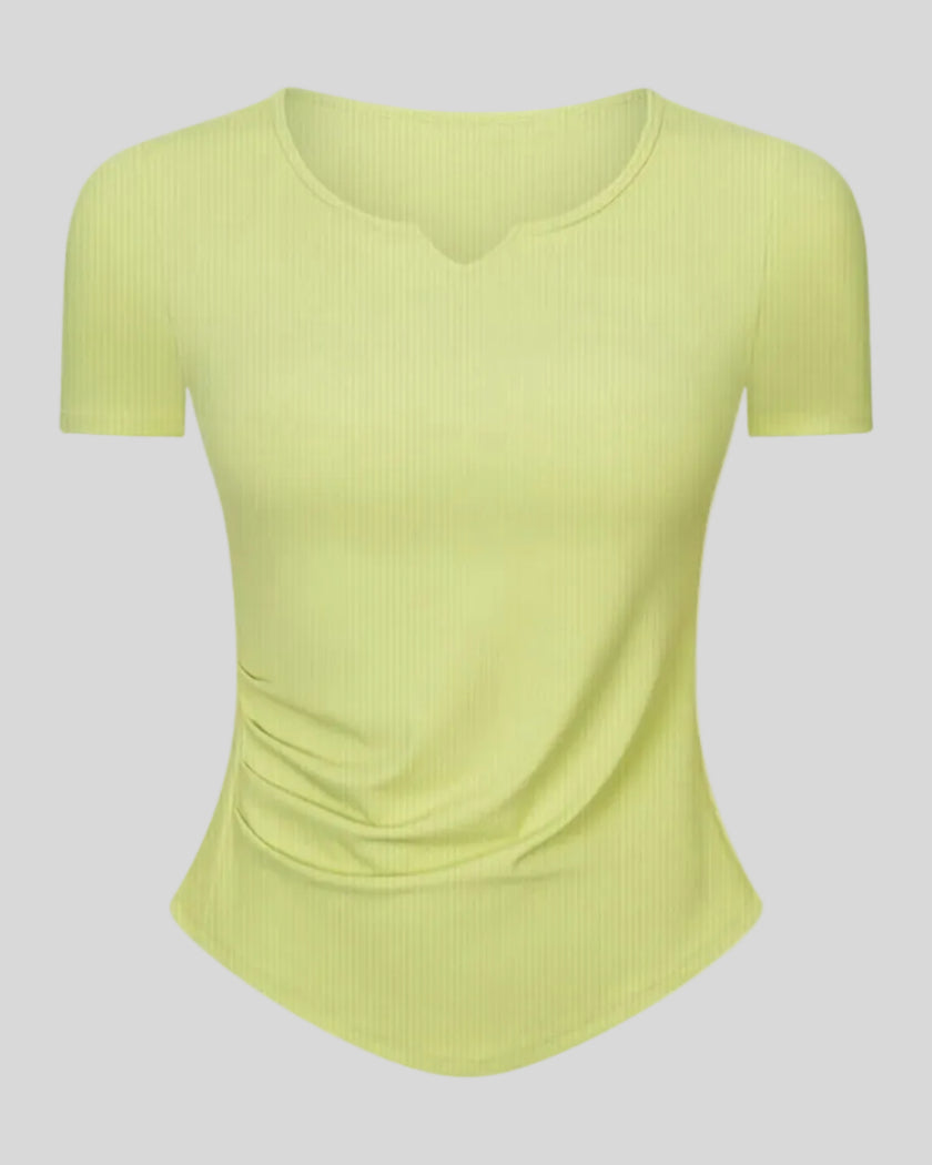 Ribnotch short sleeve active top in yellow green, angled front view