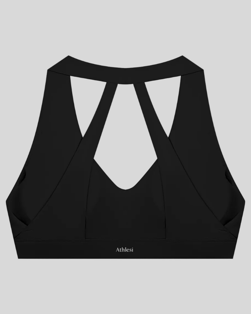 Sculpt Halter Sports Bra in black with open-back strap design back view