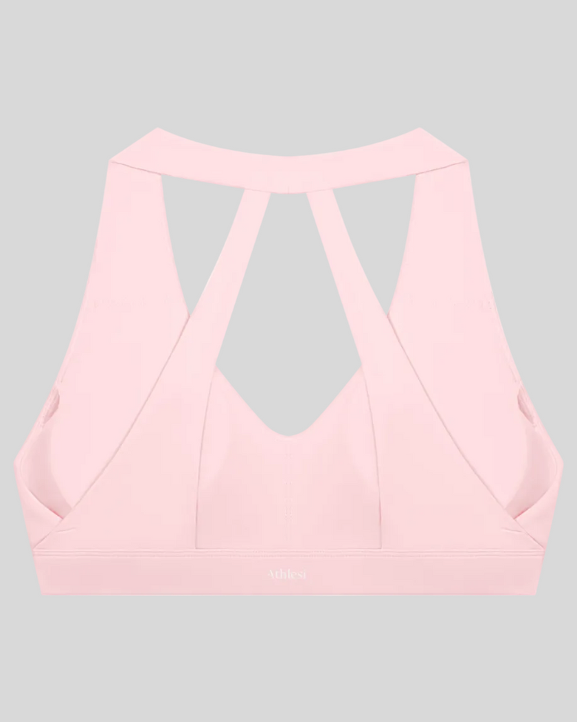 Sculpt Halter Sports Bra in pink with open-back strap design back view