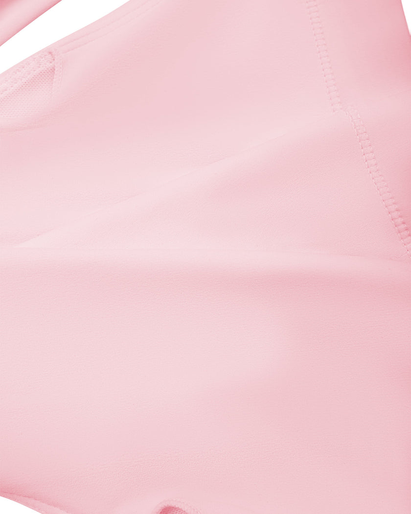 Closeup of smooth nylon-spandex stretch fabric on Sculpt Halter Sports Bra in pink