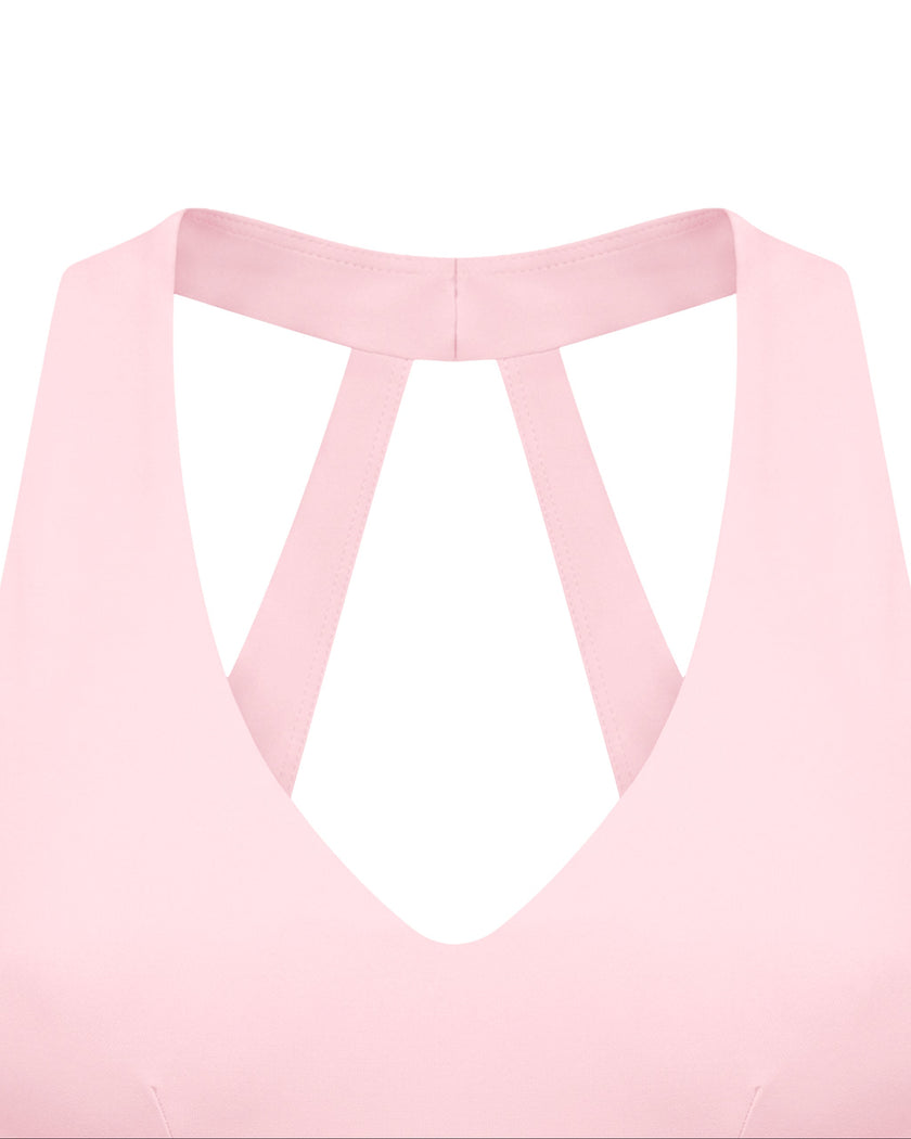 Closeup of V-neckline on Sculpt Halter Sports Bra in pink