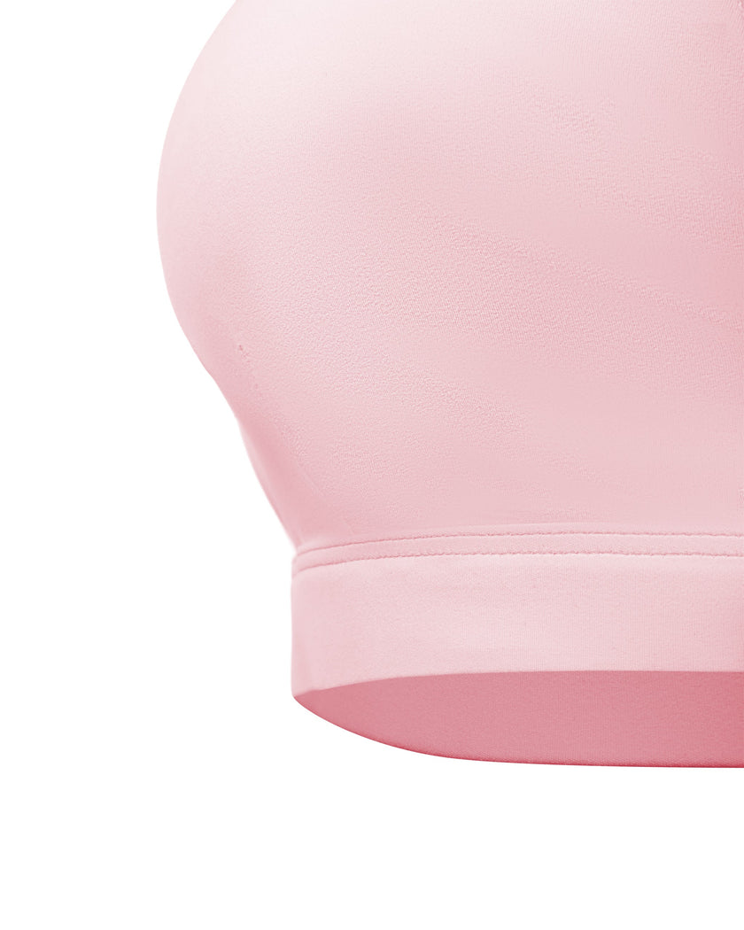 Closeup of wide underbust band on Sculpt Halter Sports Bra in pink