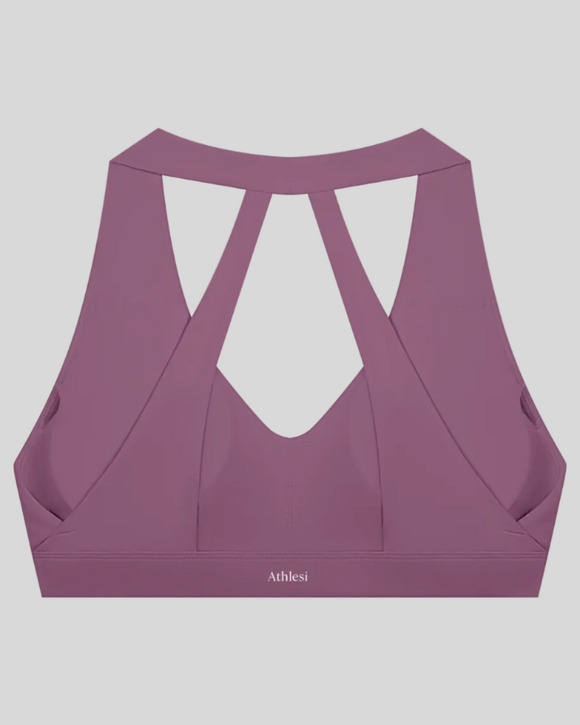 Sculpt Halter Sports Bra in plum purple with open-back strap design back view