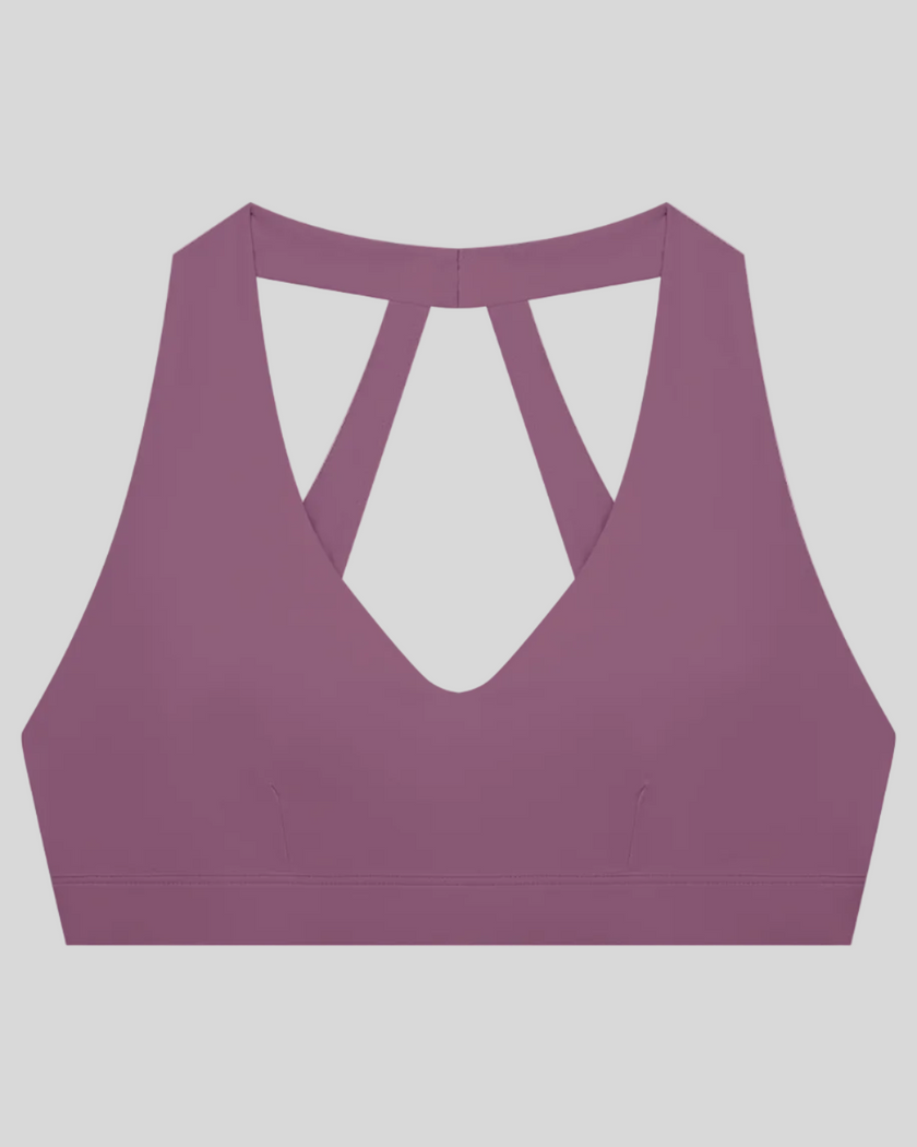 Sculpt Halter Sports Bra in plum purple with V-neckline front view