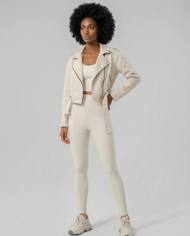 SculptForm Moto Jacket in apricot worn by model full body front view styled in a modern setting