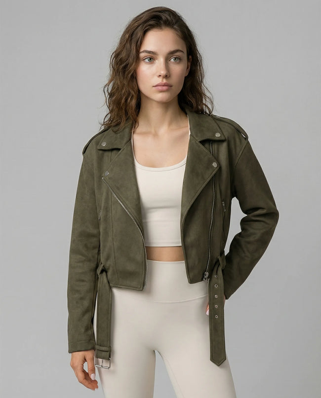 SculptForm Moto Jacket in army green worn by model mid body front view highlighting structure and waist detail