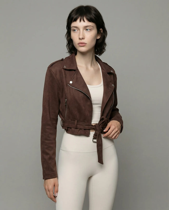 SculptForm Moto Jacket in brown worn by model mid body front view highlighting structure and waist detail