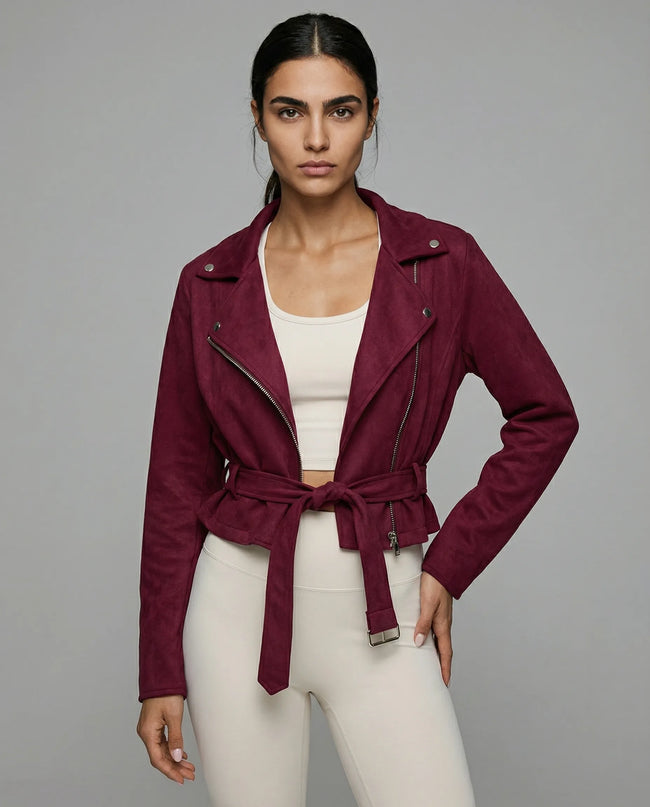 SculptForm Moto Jacket in burgundy worn by model mid body front view highlighting structure and waist detail