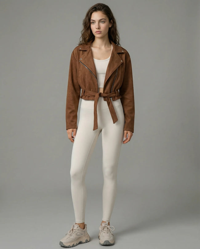SculptForm Moto Jacket in khaki worn by model full body front view styled in a modern setting
