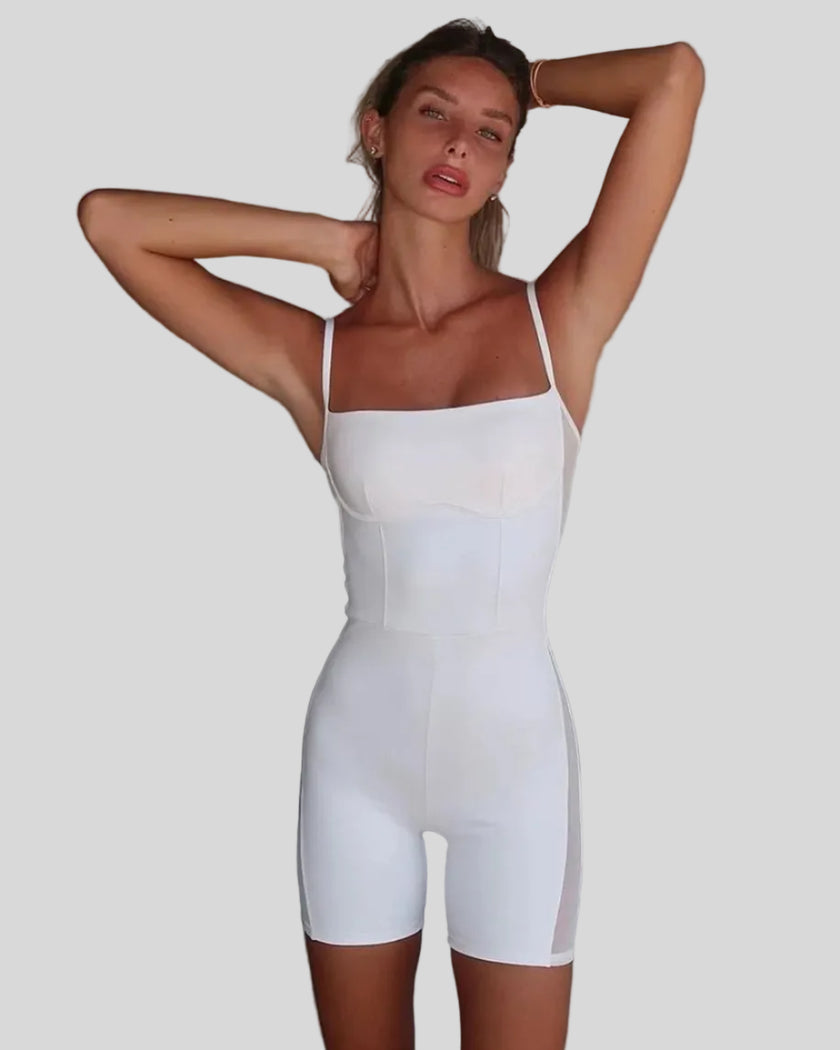 Front angled view of Athlesi white square neck romper