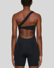Back mid body view showing open back detail of Athlesi SculptLine one-shoulder active romper in black