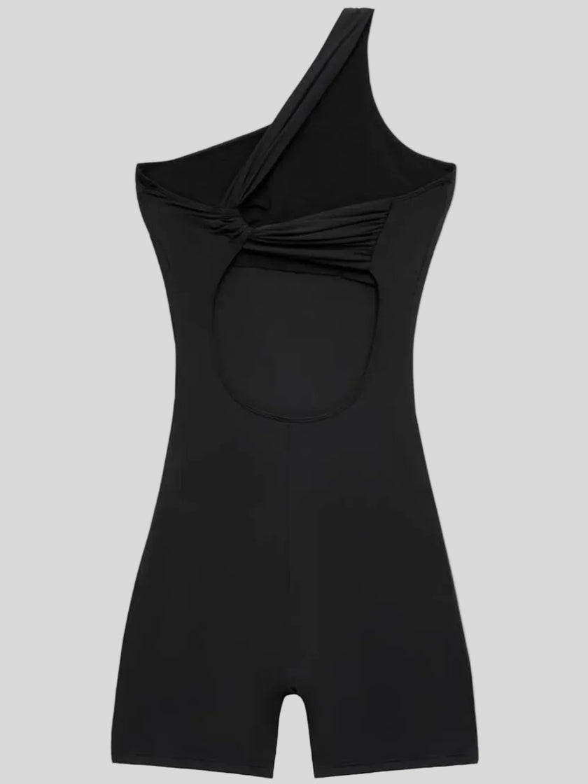 Flatlay back view highlighting open back design of Athlesi SculptLine active romper in black