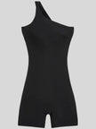 Flatlay front view of Athlesi SculptLine one-shoulder active romper in black