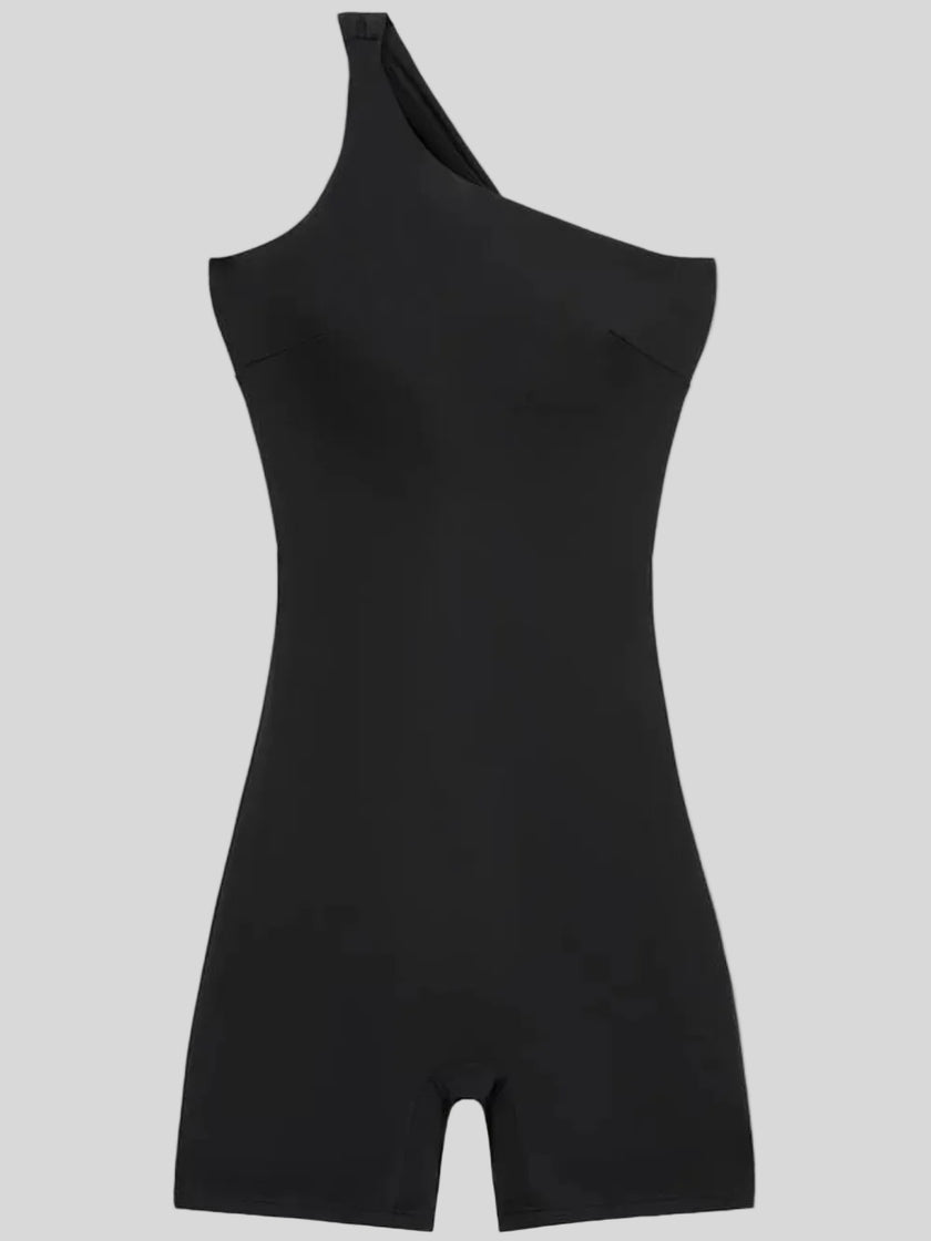 Flatlay front view of Athlesi SculptLine one-shoulder active romper in black