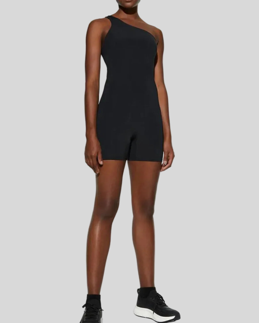 Model wearing Athlesi SculptLine one-shoulder active romper in black, front full body view