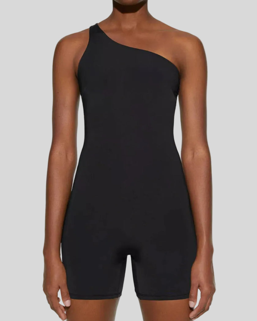 Front mid body view of Athlesi SculptLine one-shoulder active romper in black