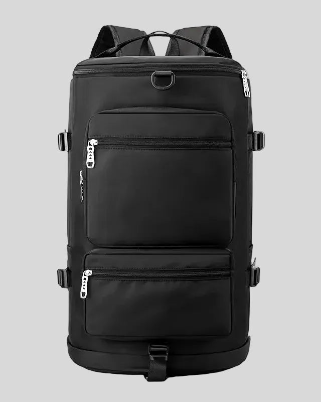 ShiftForm Carry Pack in black shown in vertical position with structured multi-pocket design