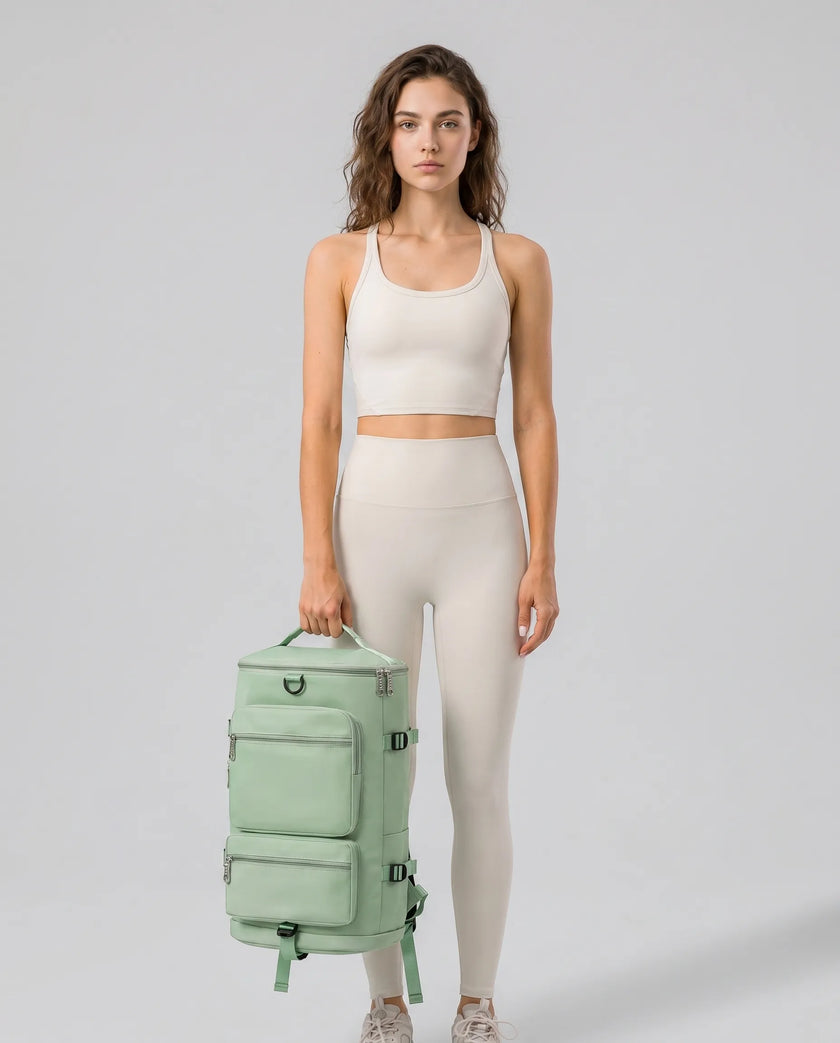 Model carrying ShiftForm Carry Pack in neon green styled for gym and everyday movements