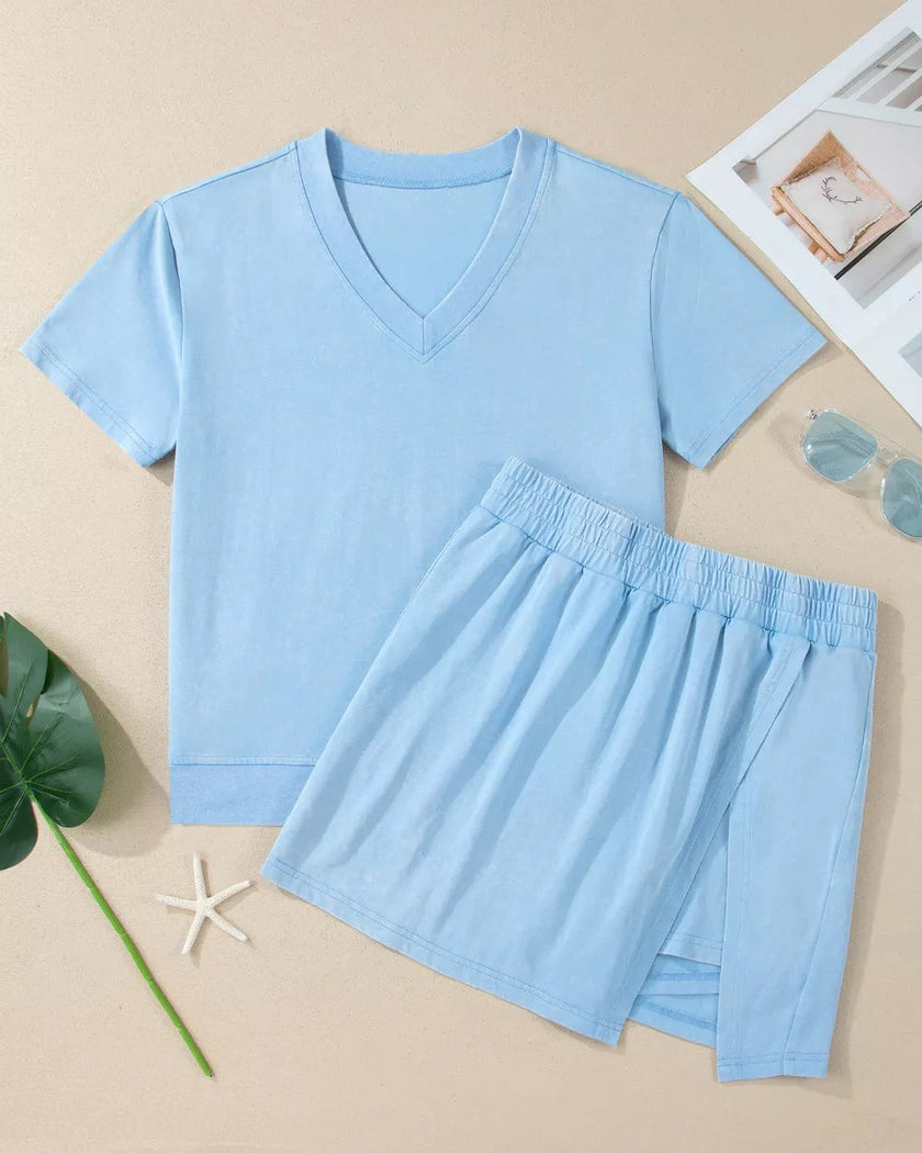 Front flatlay of the SkyEase Lounge Set in pastel blue with V-neck top and matching skort