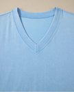 Closeup of the V-neck ribbed neckline detail on the SkyEase Lounge Set in pastel blue