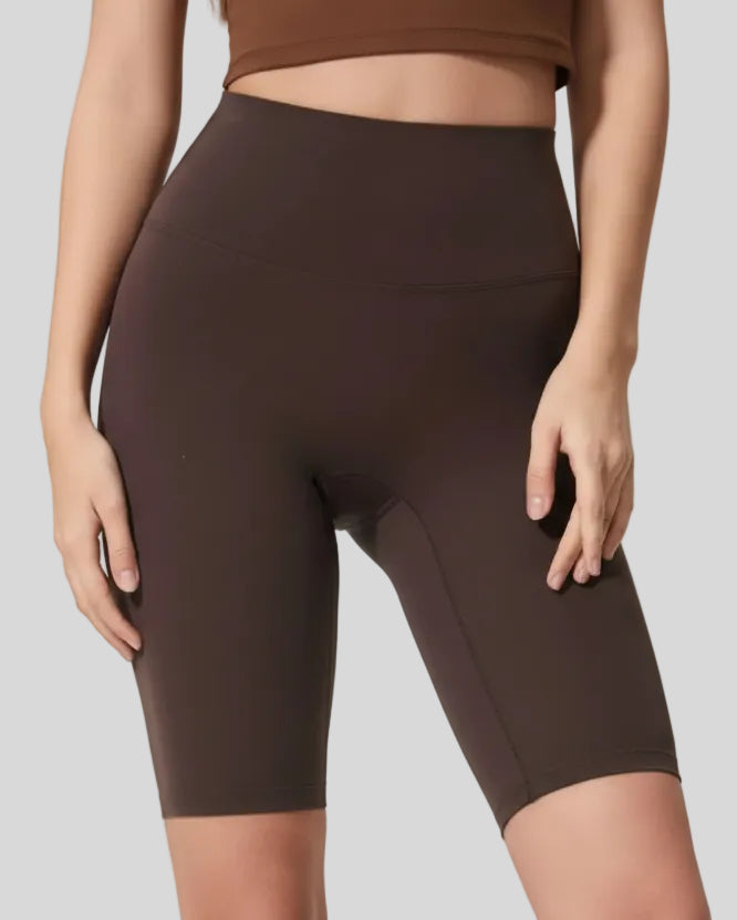 Front angle view of dark brown seamless waistband and ultra-soft fabric texture