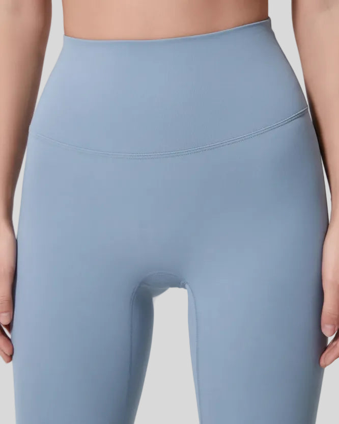 Close-up of seamless waistband and ultra-soft fabric texture in light blue
