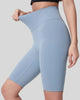 Left side view of light blue biker short length and sculpted fit