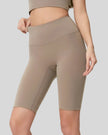 Front angle view of mocha seamless waistband and ultra-soft fabric texture