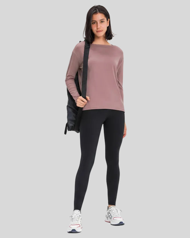 Athlesi SoftFlow relaxed long sleeve active top in dusty pink, front view