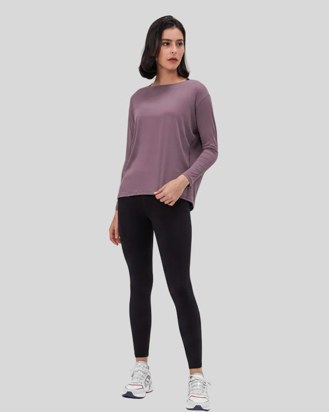 Athlesi SoftFlow relaxed fit long sleeve top in mauve, angled front view