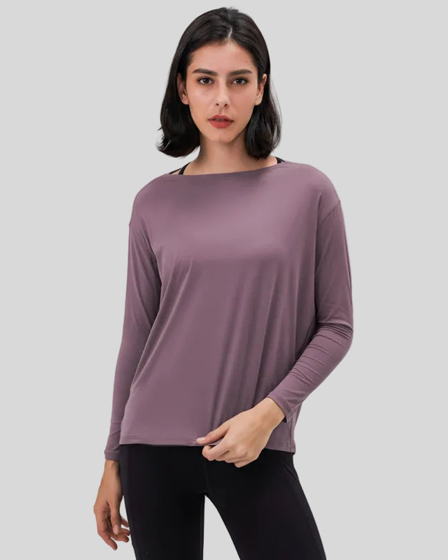 Athlesi SoftFlow relaxed long sleeve active top in mauve, front view