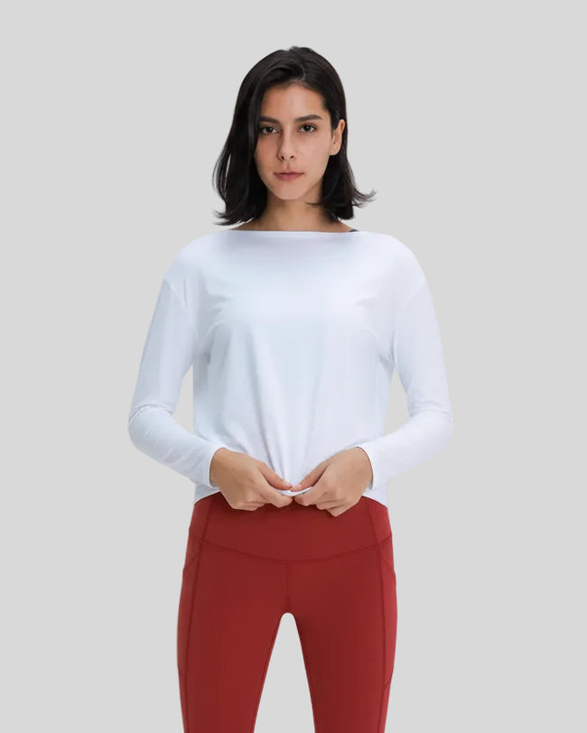 Athlesi SoftFlow relaxed long sleeve active top in white, front view