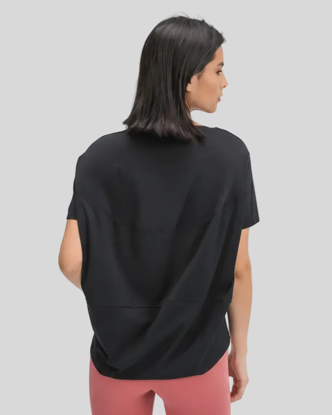 SoftFlow Short Sleeve Active Top in black, back view