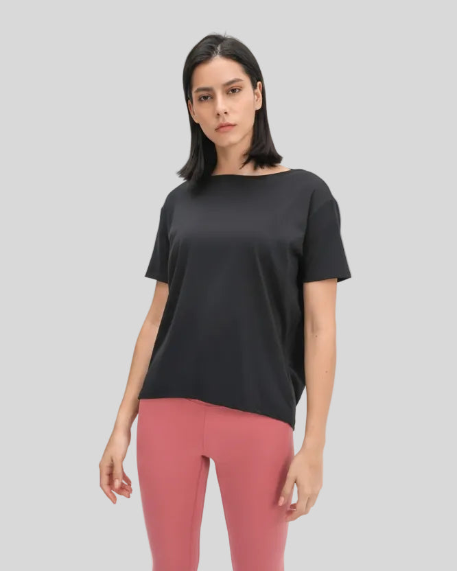 SoftFlow Short Sleeve Active Top in black, front angled view