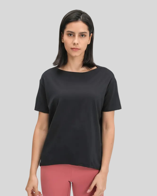 SoftFlow Short Sleeve Active Top in black, front view