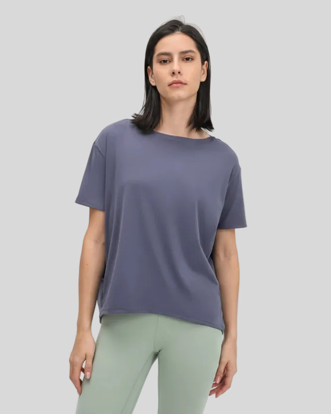 SoftFlow Short Sleeve Active Top in dusty blue, front angled view