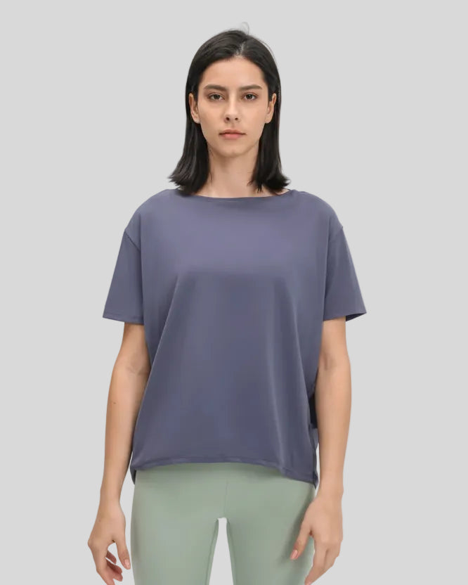 SoftFlow Short Sleeve Active Top in dusty blue, front view