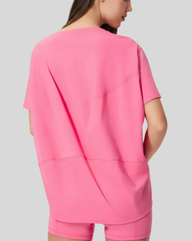 SoftFlow Short Sleeve Active Top in fuchsia pink, back detail close-up