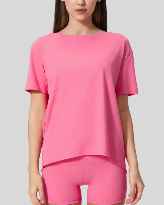 SoftFlow Short Sleeve Active Top in fuchsia pink, fabric and neckline close-up