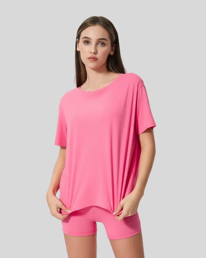 SoftFlow Short Sleeve Active Top in fuchsia pink, front view