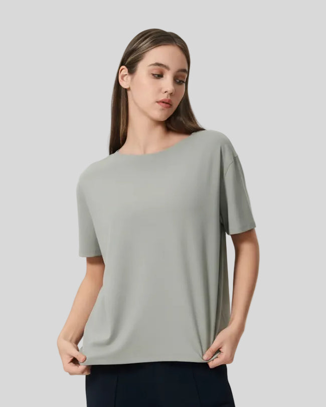 SoftFlow Short Sleeve Active Top in gray, front angled view
